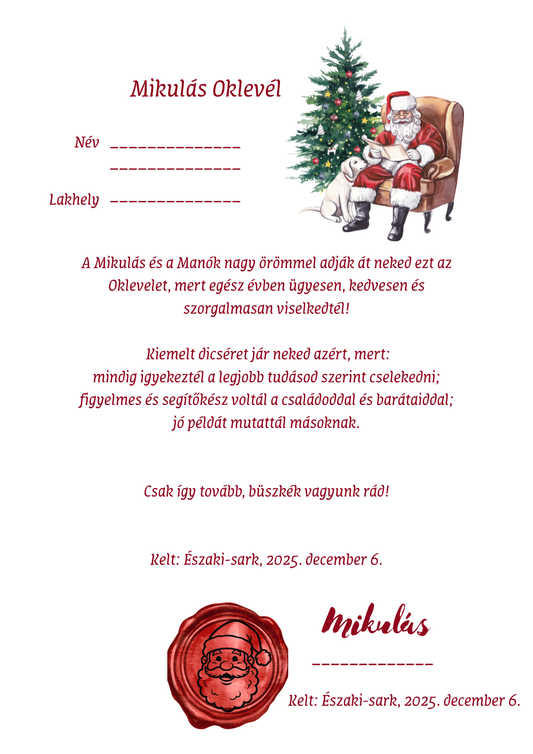 Mikulás Oklevél jó gyerekeknek